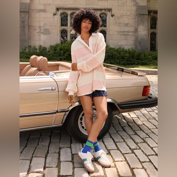 Aerie Prep Rally Rugby Stripe Sweatshirt Pink Oversized Preppy.         22 - Picture 8 of 13